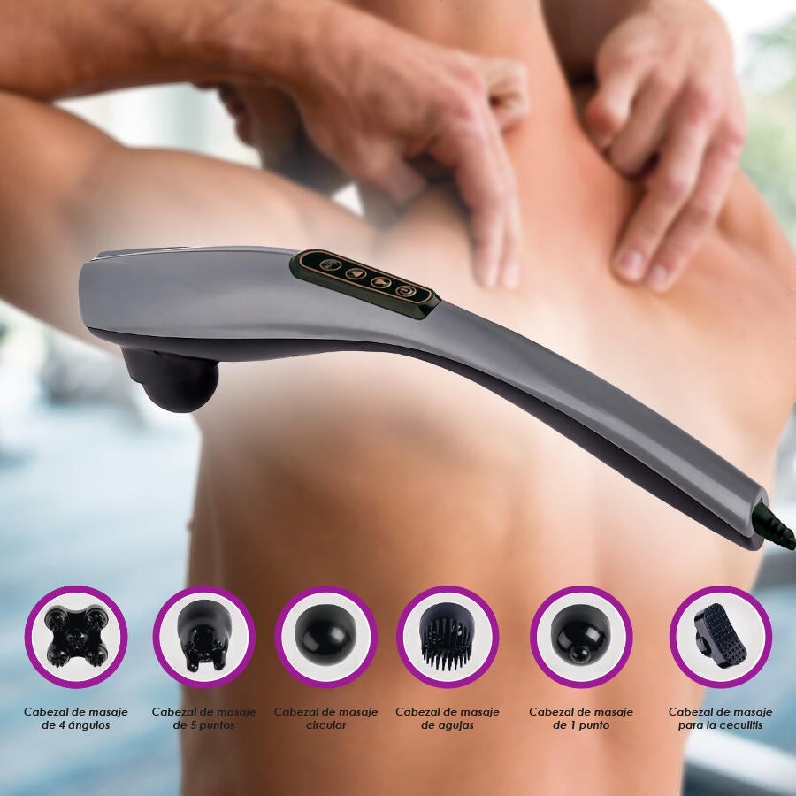 Masajeador eléctrico Asronix gris de mano con 6 cabezales intercambiables, 10 marchas y 12 modos para aliviar dolor muscular.