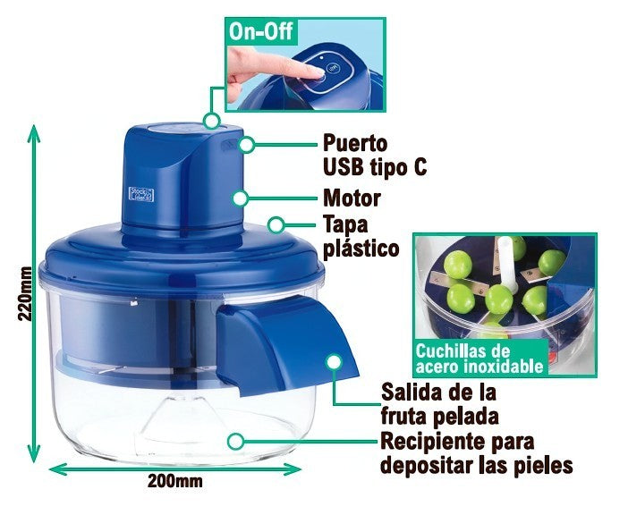 Asronix peladora automática azul con cuchillas de acero inoxidable y recipiente para residuos. Carga USB-C.
