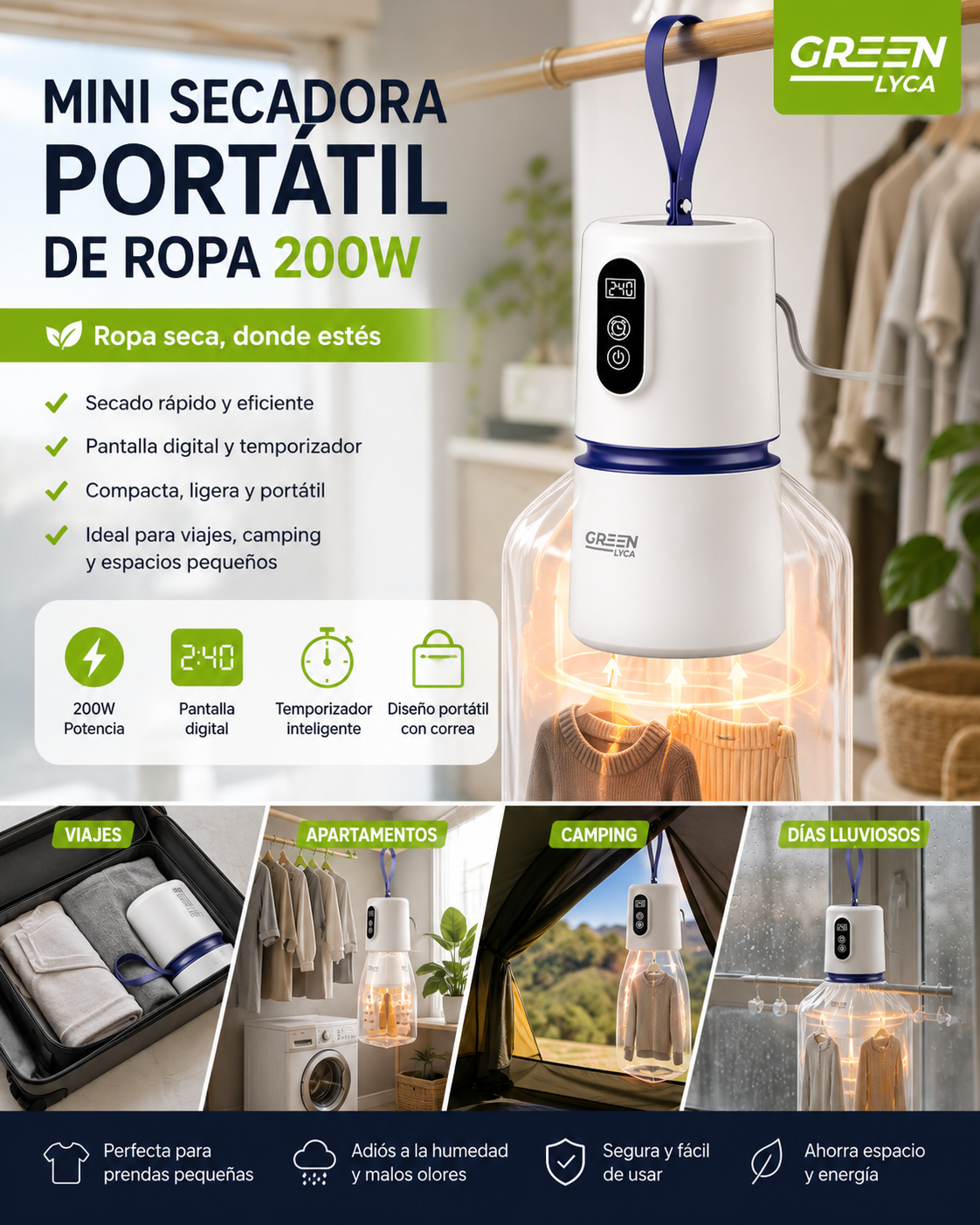 Mini Secadora Portátil Inteligente 200W | Seca tu Ropa en Minutos