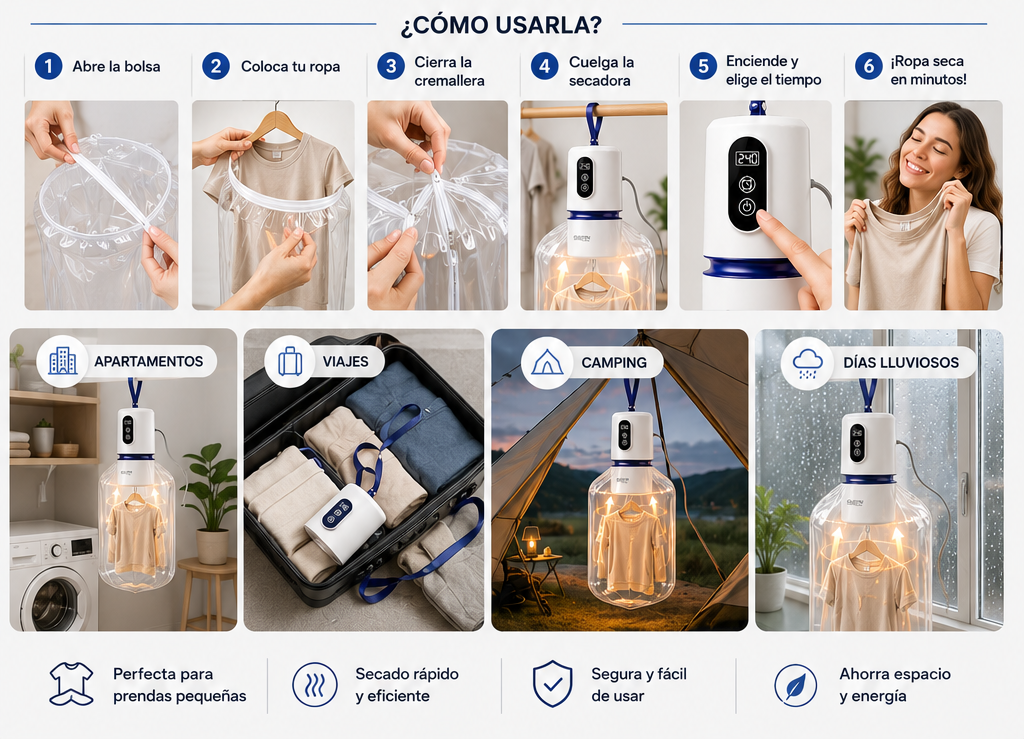Mini Secadora Portátil Inteligente 200W | Seca tu Ropa en Minutos