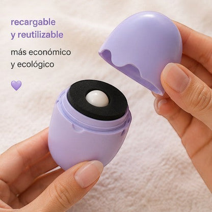 Asronix aplicador portátil de protector solar recargable, morado, con aplicador de esponja y bola dispensadora.