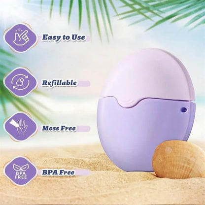 Asronix aplicador portátil de protector solar recargable, morado y blanco, con esponja para aplicación sin manos.