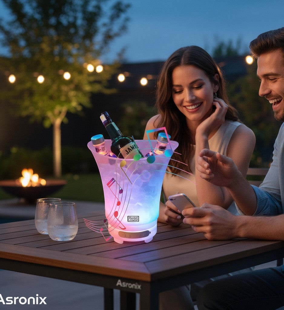 Asronix cubitera LED con altavoz Bluetooth, 5L, luces RGB y batería recargable, ideal para fiestas.