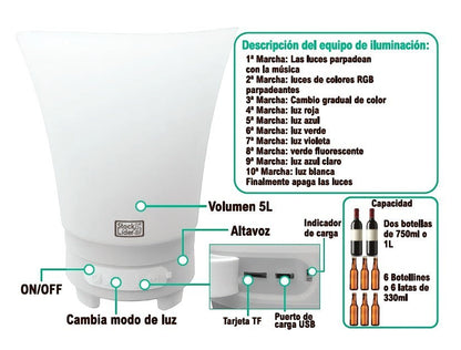 Cubitera LED Asronix con altavoz Bluetooth, 5L de capacidad, luces RGB y batería recargable. Ideal para fiestas.