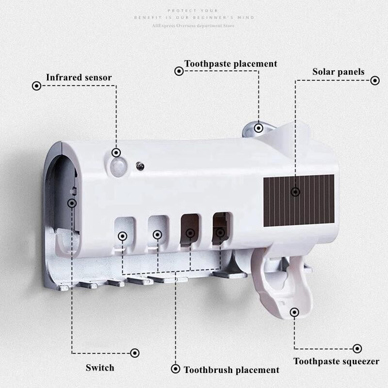 Esterilizador UV Asronix 3 en 1 blanco para cepillos de dientes con dispensador de pasta y soporte para 5 cepillos.