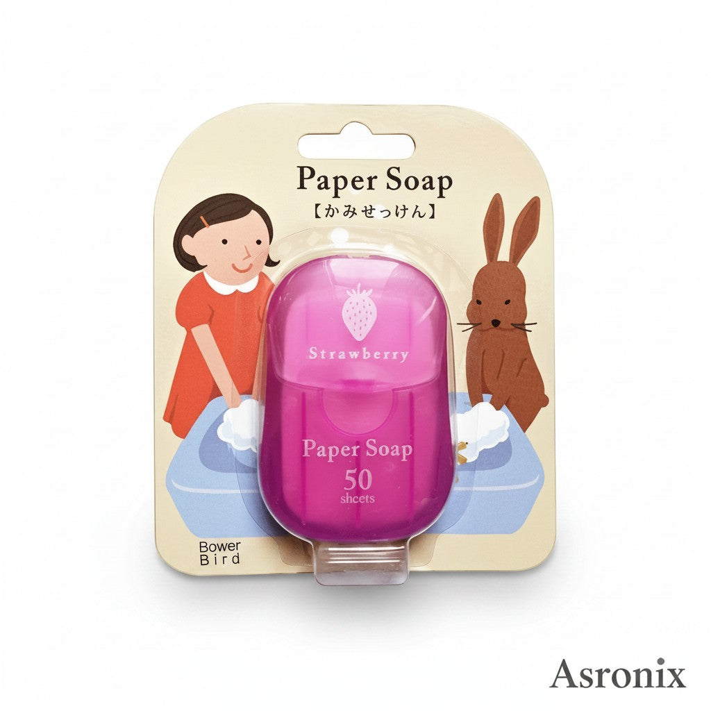 Asronix Jabón de Papel Portátil con aroma a fresa, 50 hojas en estuche rosa para viaje.