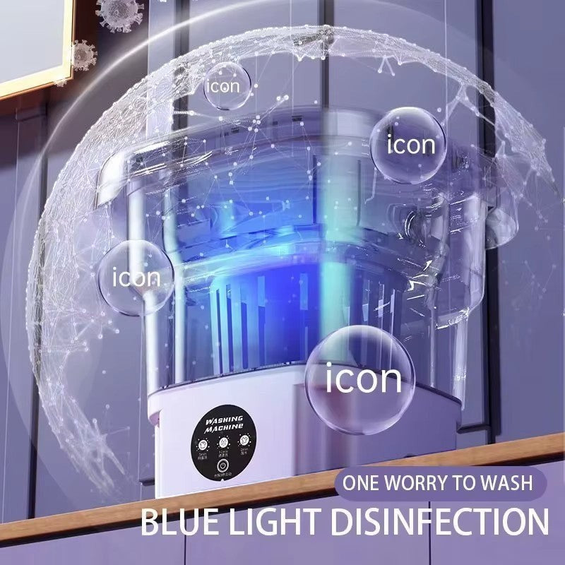 Lavadora portátil Asronix blanca de 9L con luz azul para desinfección, ideal para espacios pequeños.