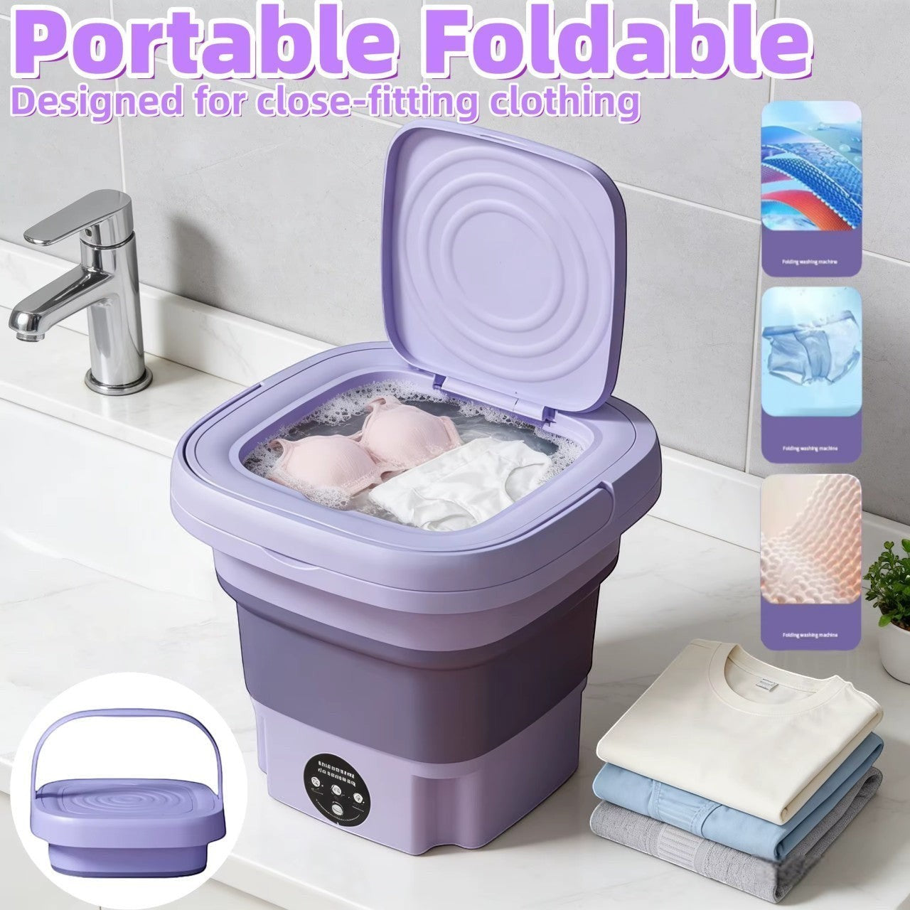 Lavadora portátil plegable Asronix de 9L en color blanco y morado, ideal para espacios pequeños y ropa interior.
