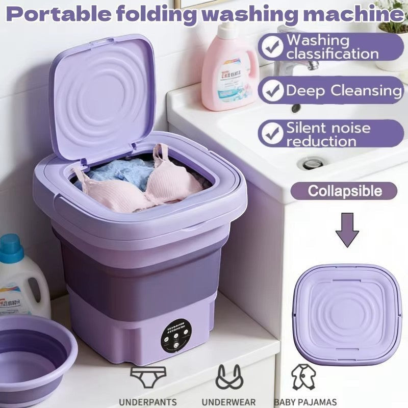 Lavadora portátil plegable Asronix de 9L en color lila y blanco, ideal para espacios pequeños, con capacidad para ropa interior y pijamas de bebé.