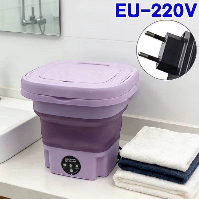 Lavadora portátil plegable Asronix de 9L en color lila y morado, ideal para espacios pequeños y viajes.