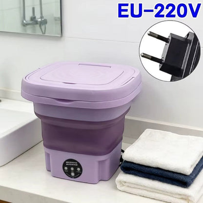 Lavadora portátil plegable Asronix de 9L en color lila y morado, ideal para espacios pequeños y viajes.