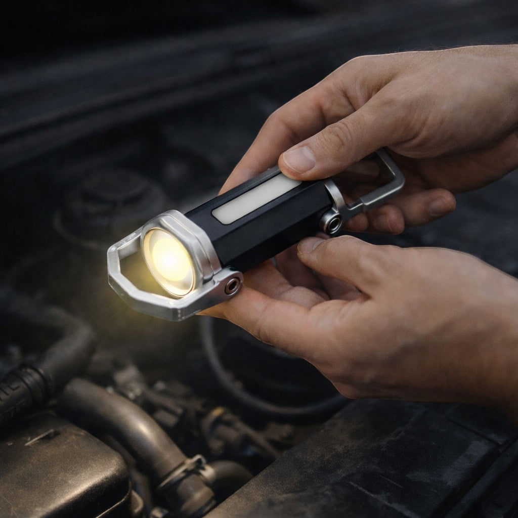 Linterna Asronix LED COB recargable con gancho, luz frontal y lateral, ideal para emergencias y camping.