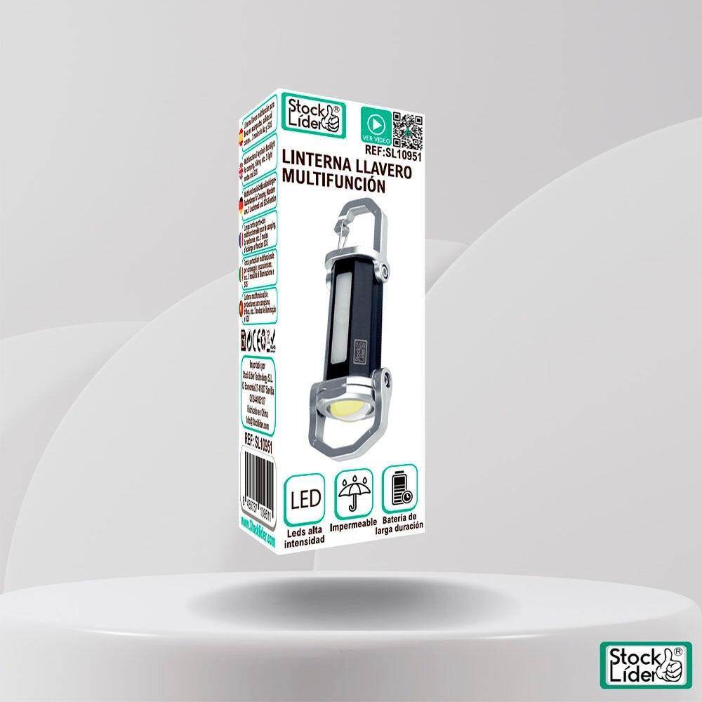 Linterna llavero multifunción Asronix LED COB recargable por USB con gancho mosquetón, 3 modos y SOS. Compacta y resistente.