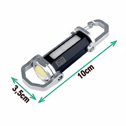 Linterna Asronix multifunción negra con luz COB y gancho mosquetón, recargable por USB Tipo C.