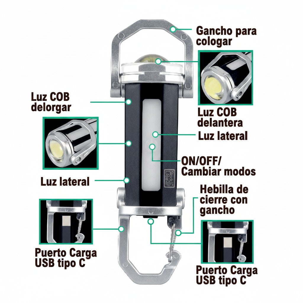Linterna multifunción Asronix negra con luz COB frontal, luz lateral, gancho y puerto USB Tipo C. Ideal para camping.