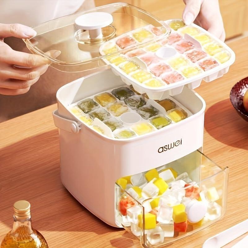 Máquina Asronix para cubitos de hielo 2 en 1, blanca, con tapa hermética y cajón dispensador. Ideal para bebidas.