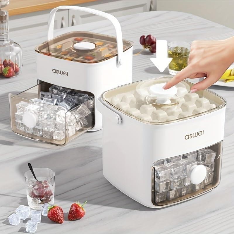 Máquina Asronix para hacer cubitos de hielo, blanca, con tapa transparente y cajón extraíble para almacenar hielo.