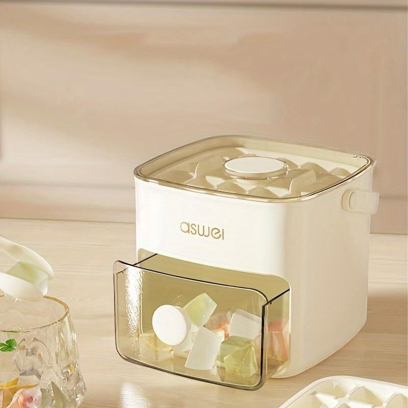 Máquina Asronix para cubitos de hielo 2 en 1, blanca, con tapa hermética y dispensador frontal.