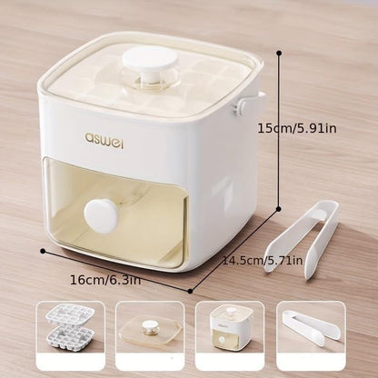 Máquina Asronix para cubitos de hielo 2 en 1, blanca y dorada, con tapa hermética y pinzas incluidas. Ideal para congelador.