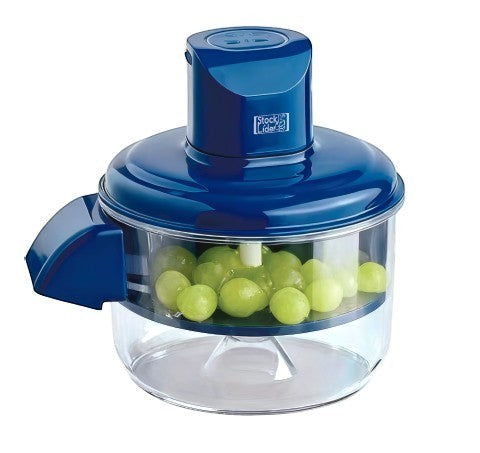 Asronix Máquina peladora automática azul con cuchillas de acero inoxidable y recipiente para residuos.