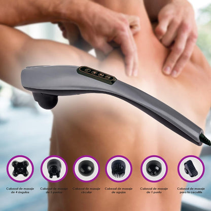 Masajeador eléctrico Asronix gris de mano con 6 cabezales intercambiables, 10 marchas y 12 modos para aliviar dolor muscular.