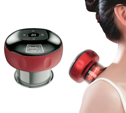 Masajeador de succión Asronix rojo con pantalla LCD, 3 niveles de potencia y fototerapia para alivio muscular.