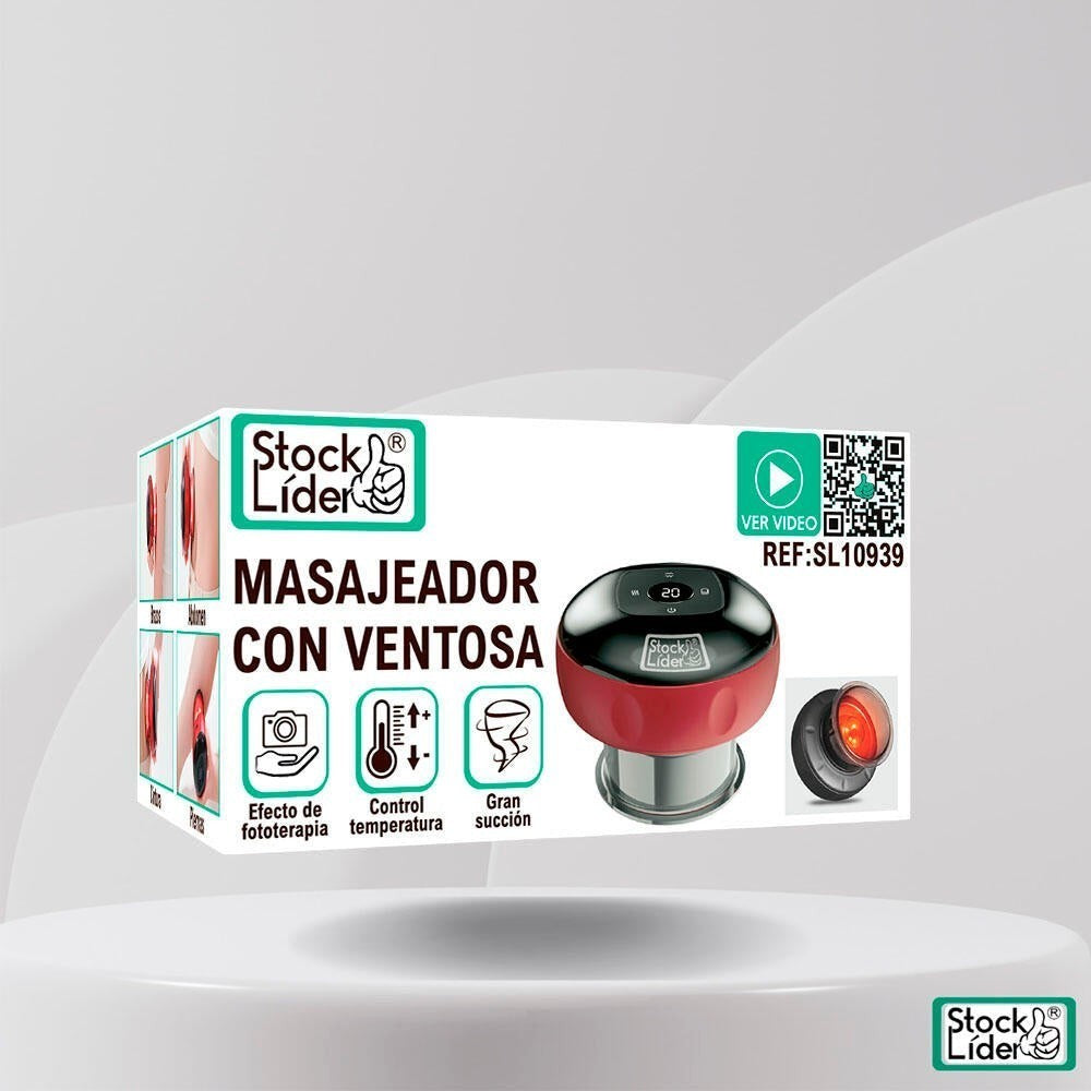 Asronix Masajeador con ventosa rojo y negro con pantalla LCD, 3 niveles de succión, control de temperatura y fototerapia.