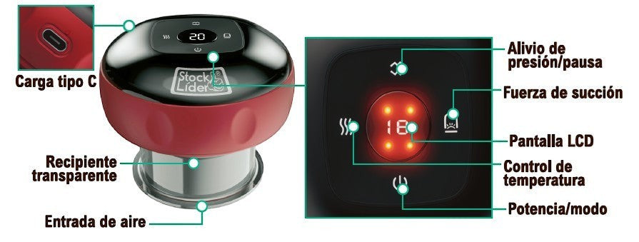 Masajeador de ventosa Asronix rojo y negro con pantalla LCD, 3 niveles de succión y control de temperatura. Carga tipo C.