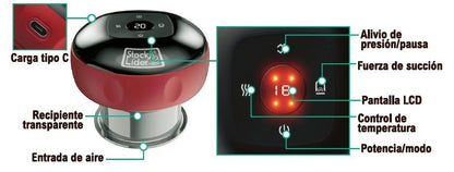 Masajeador de ventosa Asronix rojo y negro con pantalla LCD, 3 niveles de succión y control de temperatura. Carga tipo C.