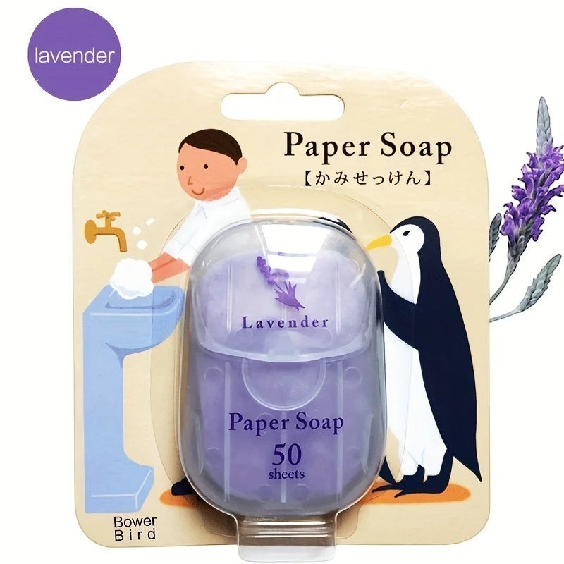 Asronix Mini Jabón de Viaje de Lavanda, 50 láminas de jabón en papel, ideal para viajes y uso diario.
