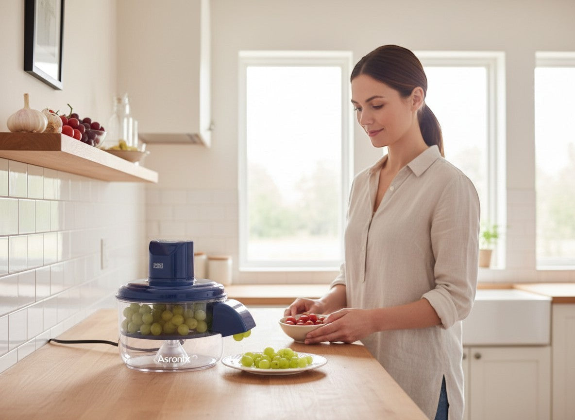 Asronix Máquina peladora automática azul con cuchillas de acero inoxidable, ideal para frutas y verduras pequeñas.