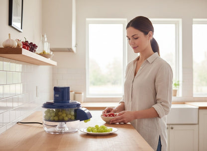 Asronix Máquina peladora automática azul con cuchillas de acero inoxidable, ideal para frutas y verduras pequeñas.